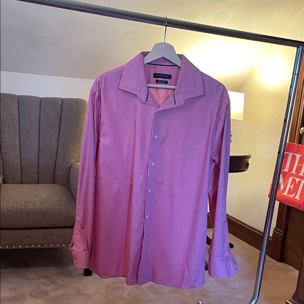 Tommy Hilfiger Men's 17 32/33 Slim Fit Stretch Shirt Long Sleeve Check Pink